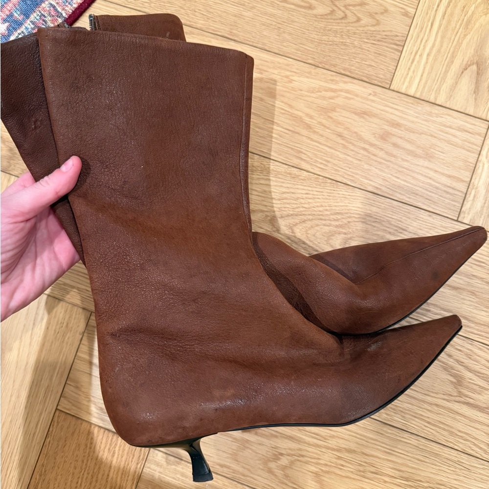 Prada Leather Boots w Small Heel (Brown)